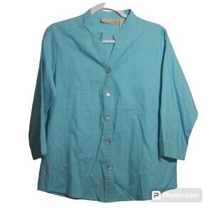 Jane Ashley Blue Linen Button Front Top 3/4 Sleeves Casual Size Small